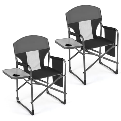 COSTWAY Oversized Folding Camping Chair with Padded Seat, Side Table, Cup Holder & Storage Pocket, Heavy-Duty Portable Director's Chair for Beach, Fishing, Picnic & Sports, Supports 400 lbs (Black,2) - color: Black