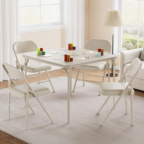 GarveeHome 33.6 in Folding Card Table, Portable Square Folding Table with PU Leather Soft Cushion, Foldable Table Suitable for Dining Room, Living Room, Office, Camping - color: Beige