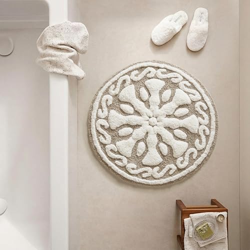 Madison Park Casablanca 100% Cotton Tufted Bathroom Rugs Luxurious Plush Medallion Floral Pattern Bath Mat Absorbent, Quick Dry, Spa Design Shower Room Décor, Round 25", Taupe - color: Taupe, size: 2'1" (Round)