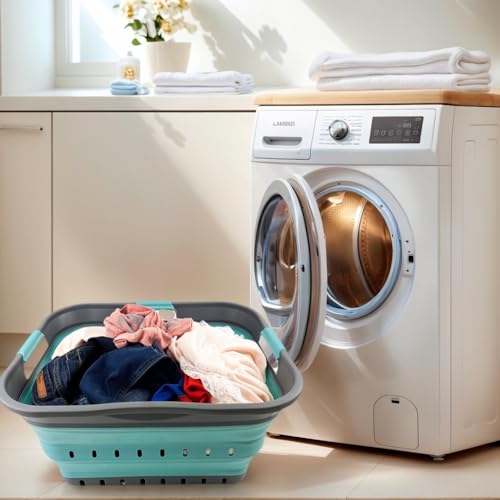 SAMMART 42L (11 gallon) Collapsible Plastic Laundry Basket - Foldable Pop Up Storage Container/Organizer - Space Saving Hamper/Basket (Grey/Crystal Blue) - color: Grey/Crystal Blue