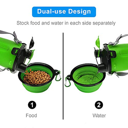 Dog Travel Water Bottle Collapsible Bowls, 2 in 1 Pet Food Container with Collapse Bowls, Outdoor Portable Water Bowls for Walking, Traveling, Camping and Hiking (Green) - color: Green