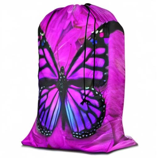 Swono Laundry Bag with Drawstring Closure Purple Butterfly, Foldable, Compact, Lightweight, 28" X 40" Beautiful Animal Wings Floral Petal Packable Dirty Clothes Bag for Home Dorm, Camp, Road Trip - color: Purple Butterfly