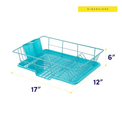 Space-Saving 3-Piece Dish Drainer Rack Set: Efficient Kitchen Organizer for Quick Drying and Storage - Includes Cutlery Holder and Drainboard - Maximize Countertop Space, Turquoise Blue - color: Turquoise Blue