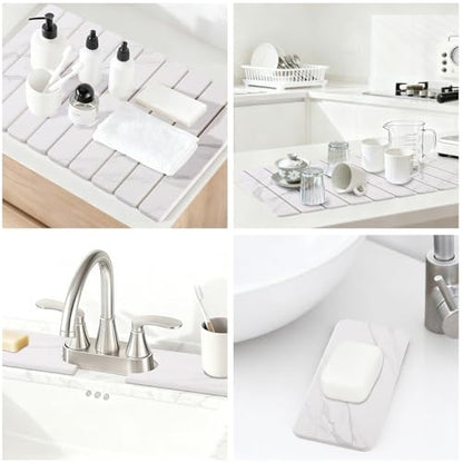 3 PCS Large Stone Dish Drying Mat for Kitchen Counter, Quick Dry Stone Dishes Mats, Sink Faucet Mat, Marble Water Absorbing Diatomaceous Earth Drying Pad for Countertop Tableware, Bottles - color: White Grey Marble