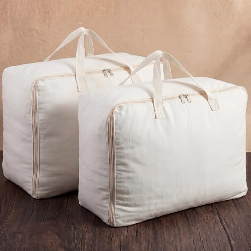 2 Pack 100% Cotton 24"x 15"x 12" White Canvas Sweater Comforter Storage Bag with Handles for Home Travel Beddings Pillow Blankets Saree Linens Organizer Thick Soft Breathable Closet Bags - color: White, size: 24"X 15"X 12"