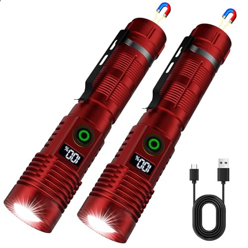 Hoxida Rechargeable Flashlights 2 Pack, 6 Modes Zoomable Powerful Tactical Linternas with LCD Digital Display, Super Bright High Lumens Handheld Magnetic Flashlights for Home Emergencies Camping - color: Red