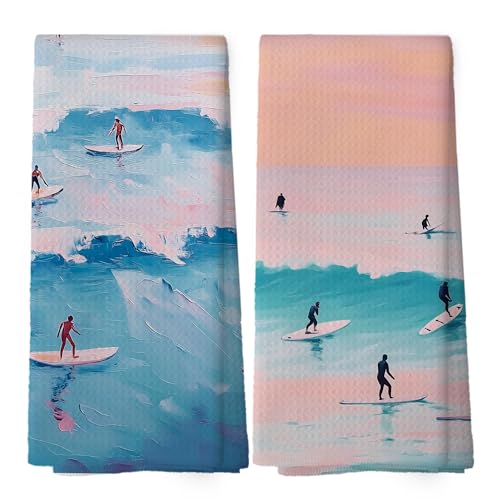 Coastal Surfing Kitchen Towels - Watercolor Beach Dish Towels, Seaside Surf Beachy Decorative Absorbent Dishcloths Hand Towels Set of 2 for Kitchen Bathroom Decor 16x24 Inches - color: Summer-12