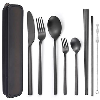 AARAINBOW 6 Pieces Stainless Steel Flatware Set Portable Reusable Cutlery Set Travel Utensils Set Including Chopsticks Knife Fork Spoon Straws Cleaning Brush Dishwasher Safe (B-Black) - color: B-Black