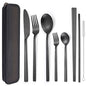 AARAINBOW 6 Pieces Stainless Steel Flatware Set Portable Reusable Cutlery Set Travel Utensils Set Including Chopsticks Knife Fork Spoon Straws Cleaning Brush Dishwasher Safe (B-Black) - color: B-Black