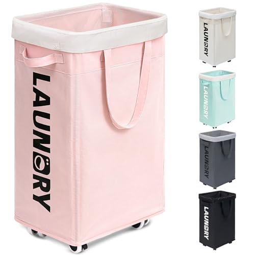 Goodpick Pink Laundry Basket with Wheels, Dorm Room Essentials for Girls, 75L Collapsible Laundry Basket, Laundry Hamper with Handle for College Dorm - color: Pink 1-Pack