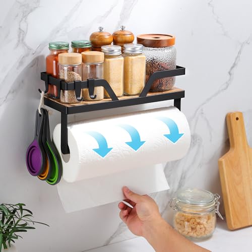 Paper Towel Holder Wall - Kitchen Towel Holder with Shelf Wooden Spice Rack Organizer with 4 Hooks(Self-Adhesive & Wall Mounted)