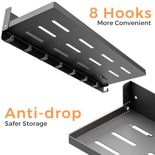 Folding Metal Shelf with Hooks, Wall Mounted Laundry Room Shelf, 8 Hooks & 90° Fold Up, Fold-Down for Rv, Bathroom, Kitchen, Garage, Space Saving, Small Space, Black（17.0", 1 Pack） - color: 17.0" , 1-pack