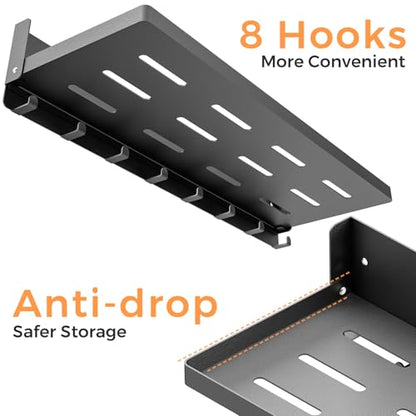 Folding Metal Shelf with Hooks, Wall Mounted Laundry Room Shelf, 8 Hooks & 90° Fold Up, Fold-Down for Rv, Bathroom, Kitchen, Garage, Space Saving, Small Space, Black（17.0", 1 Pack） - color: 17.0" , 1-pack