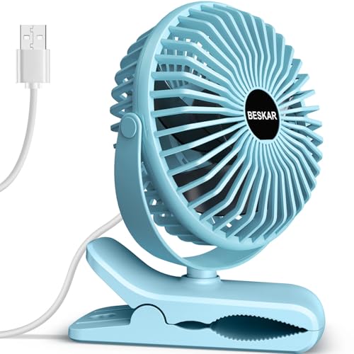 BESKAR Clip on Fan, Portable Small Desk Fans with Strong Airflow, 3 Speeds with Personal Fans Sturdy Clamp, Quiet Desk Fan & Clip Fan with USB Cord Powered - No Battery - color: Sky Blue