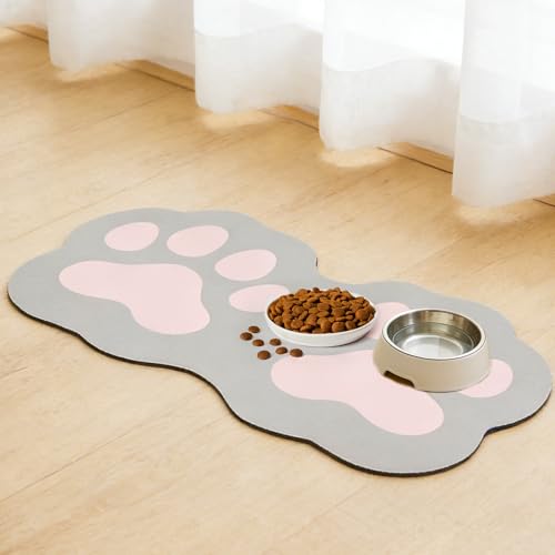 PUPTECK Dog Food Mat, Quick Absorbent Pet Cat Feeding Mat, Anti-Slip Dog Placemat for Food and Water Bowls with Rubber Backing, No Stains Floors Waterproof Indoor, LightGrey & Pink 16"x24" - color: LightGrey&Pink