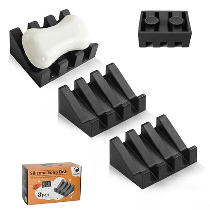 Soap Dish Holder for Shower with Suction Cup, Silicone Soap Holder & Saver Self-Draining Bar Soap Dish Keeps Soap Dry for Bathroom, Kitchen, Bathtub, Extends Soap Life (Black-3Pack) - color: Black - 3 Pack