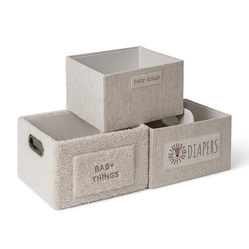 RGI Home Decorative Storage Bins – Set of 3 Rectangular Greyboard Organizer Baskets for Nursery or Child's Room, Multi-Sized with Textured Linen and Ivory Boucle, Perfect for Organizing Essentials - style: 3-Pack Cream Nursery