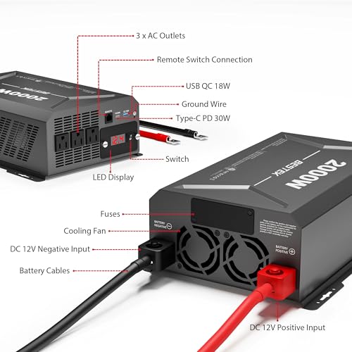BESTEK 2000W Car Power Inverter, DC 12V to 110V AC Converter Car Outlet Adapter with USB-C PD30W QC18W Cigarette Lighter Plug, 3 AC Charger Outlets and Dual USB Ports for RV Road Trips - color: Black