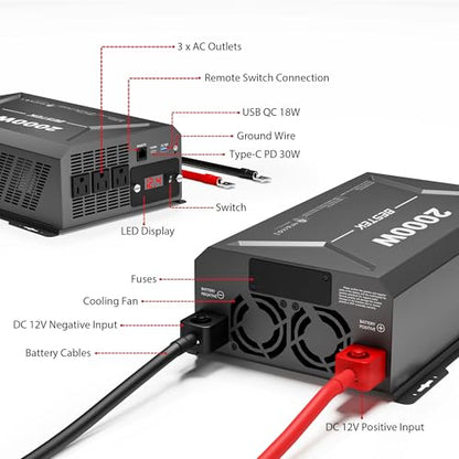 BESTEK 2000W Car Power Inverter, DC 12V to 110V AC Converter Car Outlet Adapter with USB-C PD30W QC18W Cigarette Lighter Plug, 3 AC Charger Outlets and Dual USB Ports for RV Road Trips - color: Black