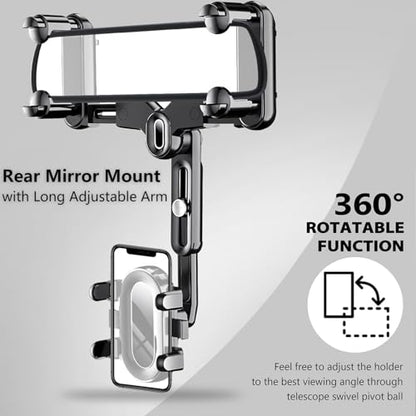 ILKCC Rearview Mirror Phone Holder for Car, 360° Rotating and Retractable Multifunctional Rear View Phone Mount, Upgraded Four Corners Fixed Anti-Shake Fit All Smartphones & Bigger Vehicle