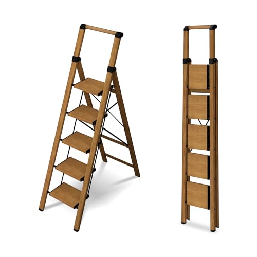5 Step Step Ladder,Lightweight Folding Step Stool with Anti-Slip Aluminum Wide Pedal&Convenient Handgrip,Steel Ladder for Household and Office(Woodgrain) - color: Woodgrain, size: 5 Step