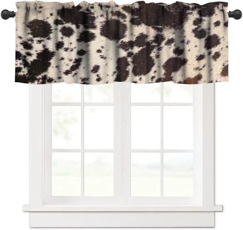 Highland Cowhide Valance Curtain, Brown Cow Rustic Western Farmhouse Animals Skin Wildlife Fur Print Blackout Short Window Treatment for Kitchen Bedroom, 54x18inch - color: Cowhide-9