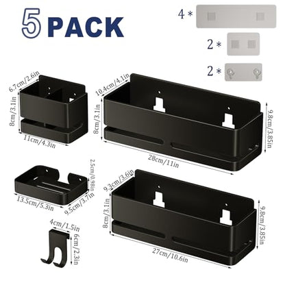 Bathroom Shower Caddy (5-piece Set), wall-Mounted Shelf with soap Dish and Toothbrush Holder, no Drilling Required, Ideal for Bathroom Storage and Also Suitable for Kitchen (Black) - size: Black-5-piece set