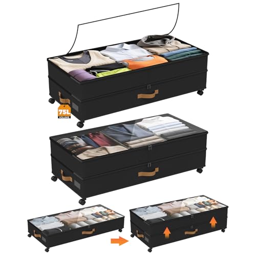 Under Bed Storage with Wheels 2-Pack, 75L XXL Under the Bed Storage Containers Large, 12" Tall Adjustable Storage for Underbed with Lids, Rolling for Shoes, Clothes, Blankets (Black) - color: Black