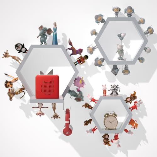 Hexagon Tonies Shelf Magnetic Set of 3, Wall Toy Storage for TonieBox Grey | Wooden Tonies Storage Shelf for Kid Room, Display Floating Shelves Compatible with Tony Accessories, Hold 40 Tonie Figures - color: Grey