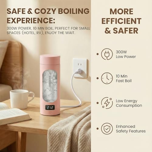 Pink Portable Electric Kettle forTravel, Small Hot Water Kettle with NTC Temperature Control and Auto Shut-Off, 316 Stainless Steel, Green 120V & 15oz - color: pink