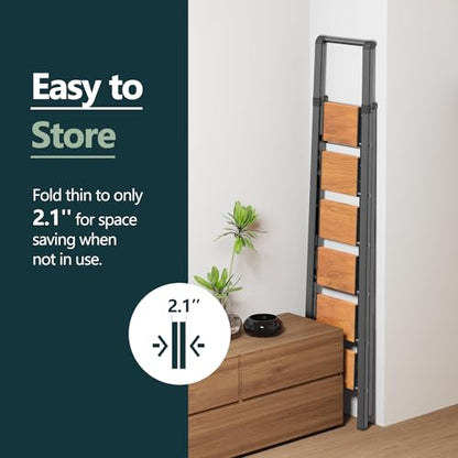 WOA WOA Step Ladder 6 Step Folding, Foldable Tall Ladder with Handrail, Aluminum Stepladder for High Ceilings, Lightweight, Deep Pedals, Anti-Slip Feet, Capacity 300 lbs - Black & Wood Grain - color: Black & Wood Grain, size: 6 step