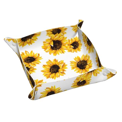Sunflower Pattern Leather Vanity Tray Desktop Storage Organizer, Decorative Catchall Perfume Tray, Bathroom Valet Tray,Nightstand Caddy Holder for Keys Phone Wallet Coin Jewelry, S - color: Sunflower Pattern, size: 7.9" x 7.9" x 0.2"