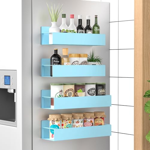 HuggieGems 4 Pack Magnetic Spice Storage Rack Organizer for Refrigerator and Oven, Blue Fridge Organizers and Storage - color: Blue, size: 4 Pack