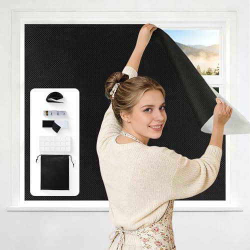 100% Blackout Curtains for Bedroom, No Drill Window Shades, Portable DIY Blackout Blinds with Stickers & Tabs for Travel, RV, Dorm, Nursery & Media Room (57" x 79", Black) - size: 57"W x 79"H