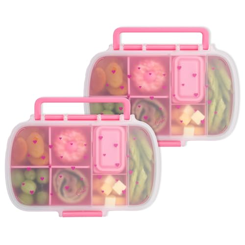Paris Hilton 2-Pack Bento Style Snack Boxes, 7-Compartment Lunch Containers with Built-In Phone Stand, Removable Dividers and Dip Containers, Pink Heart Print - color: Pink Heart Print