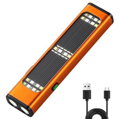 Solar/Rechargeable Flat Flashlights, 900 Lumens EDC Tactical Flashlight, Multi Function LED Small Flashlight, 7 Modes IP65 Waterproof for Home, Camping,and Emergency Use (Orange) - color: Orange