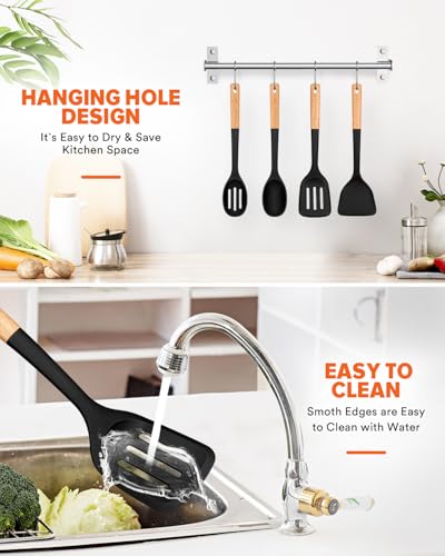 Silicone Cooking Utensils Set, Perfectly Angled for Frying, Mixing,Serving,Draining,Turning and Stirring, BPA-Free Matte Silicone, Wood Handles, Safe for Nonstick Cooking Surfaces,4 Pack (Black) - color: Black