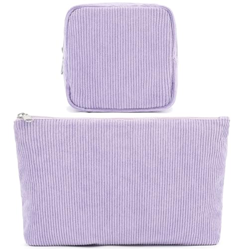 Fammart Corduroy Makeup Bag, Travel Cosmetic Bag Organizer Toiletry Bag Make Up Bags with Zipper & Compartments for Women Girls, 2PCS - color: Corduroy, 2PCS- Purple