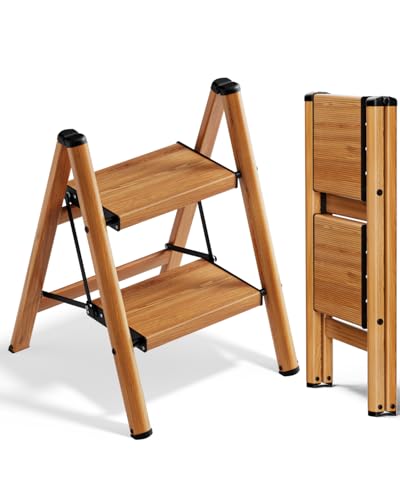 SOLADDER 2 Step Ladder, Folding Step Stool with Anti-Slip Wide Sturdy Pedal, Multi-Use for Home and Kitchen Use, Space Saving-Woodgrain(300lbs Capacity) - color: Woodgrain, size: 2 Step