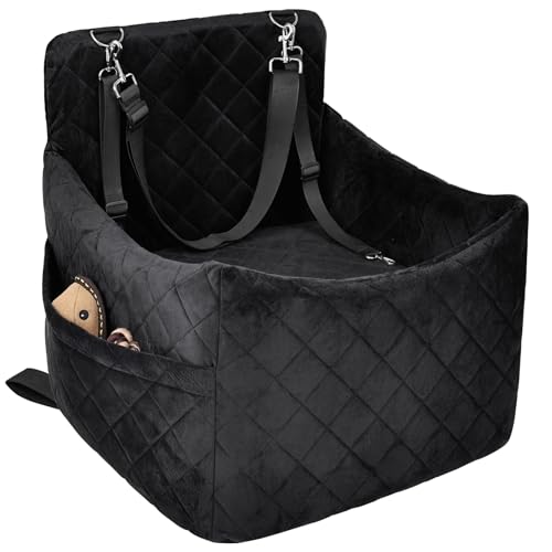 Dog Car Seat for S/M Dogs, Memory Foam Dog Booster Car Seat Up to 35lbs, Detachable Washable Pet Travel Bed with Side Pockets and 2 Safety Belts, Easy to Install (Black)