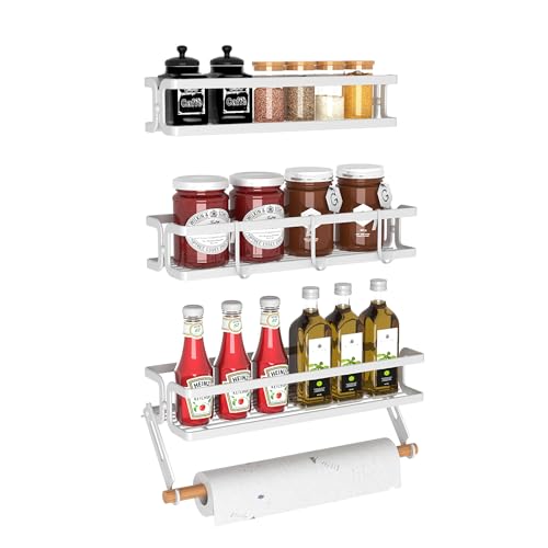 3 Pack Spice Rack Wall Mount, White | Paper Towel Holder and Hooks, Screw or Adhesive Hanging, Space Saving, For Stove, Cabinet, Pantry - color: White