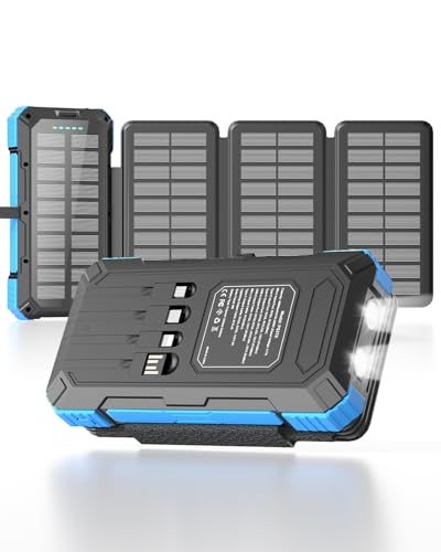 Solar Charger Power Bank 49800mAh with 4 Built-in Cables & 3 Foldable Panels, PD22.5W Fast Portable Phone Charger, External Battery Pack with USB-C in/Output & Flashlight for Outdoor Camping