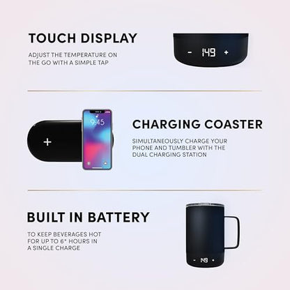 Brookstone Smart Self Heating Travel Mug & Wireless Phone Charging Station - 11 oz Temperature Control Heated Coffee Tumbler | 6Hr Battery for Continuous Warmth | Double-Wall Stainless Steel - Black - color: Black Mug