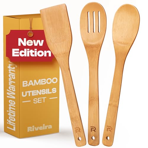 Riveira Bamboo Wooden Spoons for Cooking 3-Piece, Apartment Essentials Wood Spatula Spoon Nonstick Kitchen Utensil Set Premium Quality Housewarming Gifts for Everyday Use - color: Bamboo Natural, size: Set of 3