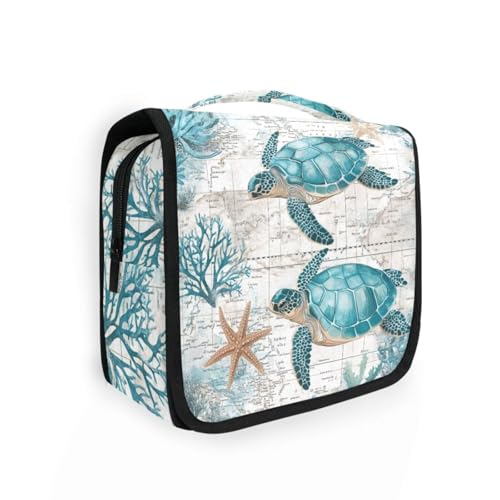 Retro Sea Turtle Nautical Map Hanging Toiletry Makeup Bag Travel Organizers Toiletries Cosmetics Bag for Men Women - color: Turtle