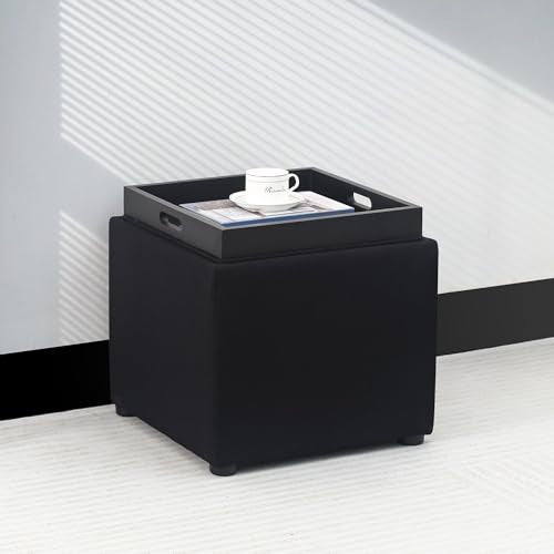Adeco Square Storage Ottoman with Reversible Tray Top, 17-inch Linen Cube Footrest & Coffee Table for Living Room, Bedroom & Small Spaces, Black - color: Black With Tray