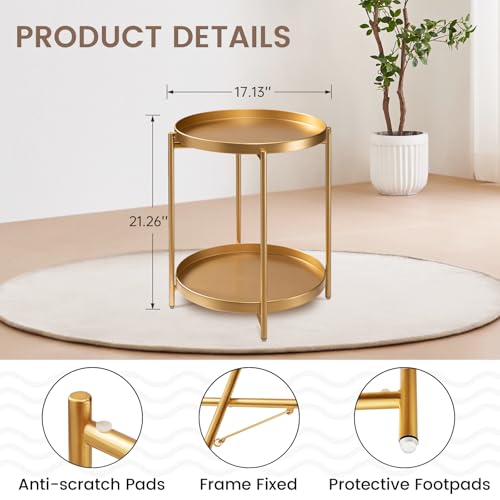 danpinera 2-Tier End Table, Outdoor Side Table Metal Round Side Table with Removable Tray, Small Folding Accent Table, Anti-Rust Nightstand for Bedroom Balcony Patio Living Room (Gold) - color: Gold