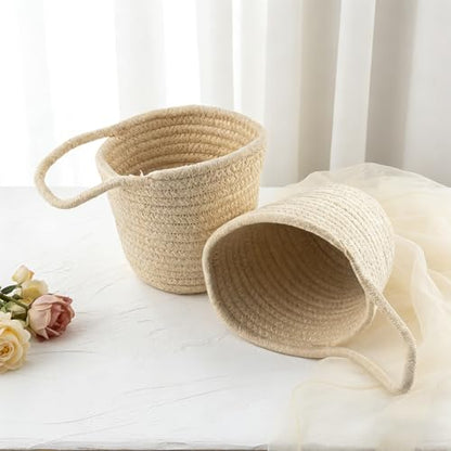4 Pack Hanging Woven Basket, Small Hanging Basket for Wall, Boho Style Cotton Rope Storage Organizer, Woven Wall Baskets for Home Decor (Beige, 5.5" x 5.5")