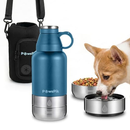 PawsPik 32oz 3-in-1 Travel Dog Water Bottle & Bowl Set – Stainless Steel Vacuum-Insulated Bottle with Detachable Food & Water Bowls, Leak-Proof, Keeps Water Cold 12hrs/Hot 6hrs (Midnight Summit Blue) - color: Midnight Summit Blue