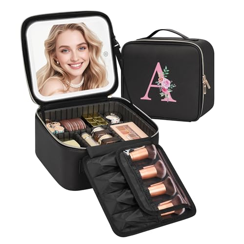 Relavel Initial Makeup Bag with LED Mirror for Women, Personalized Travel Cosmetic Organizer Train Case, Birthday Gifts for Teens Girls Grandkids Graduation Teacher Friends, Trendy Stuff, Black A - color: Black, style: A